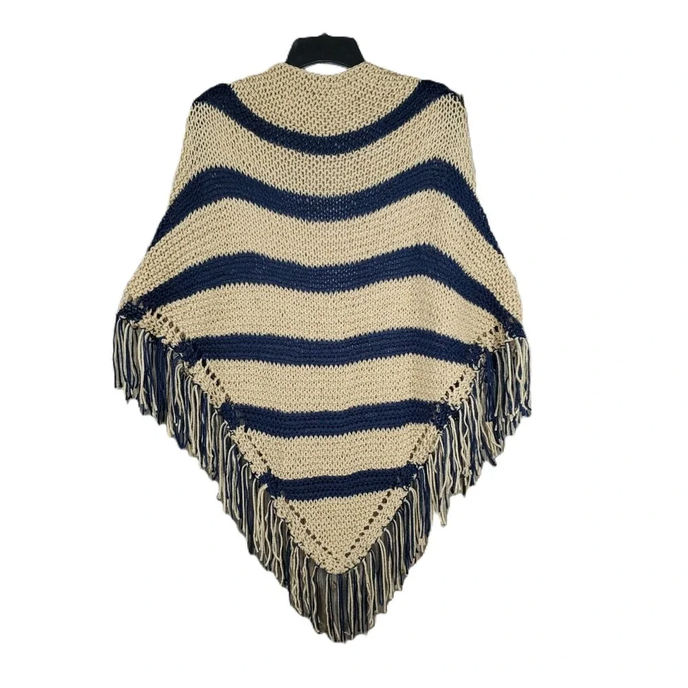 NEW Blue Beige Hand Knitted Shawl Wrap Scarf Boho Hippie‎ Coastal Indie Artsy